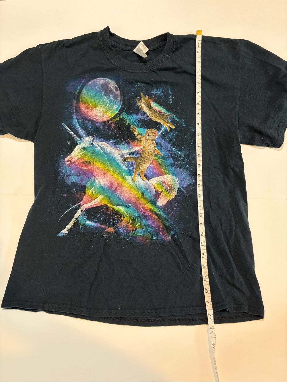 Cat Riding Unicorn Rainbow Galaxy Space Graphic T Shirt Large Black Funny - Picture 3 of 5
